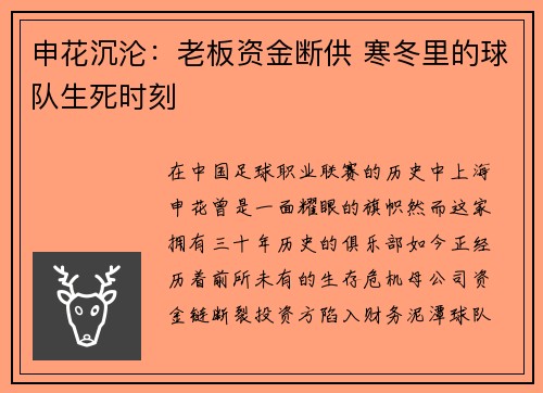 申花沉沦：老板资金断供 寒冬里的球队生死时刻