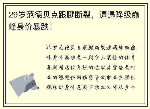 29岁范德贝克跟腱断裂，遭遇降级巅峰身价暴跌！